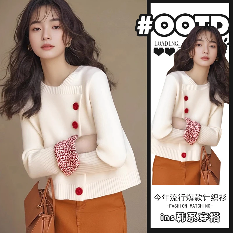 不对称圆领针织开衫外套女冬季时尚宽松气质休闲慵懒套头毛衣女装