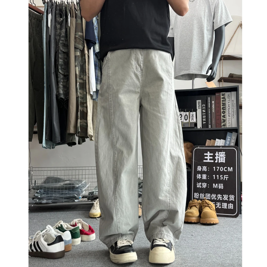 美式高街水洗浅灰弯刀工装裤男女款潮牌宽松直筒阔腿长裤休闲裤子