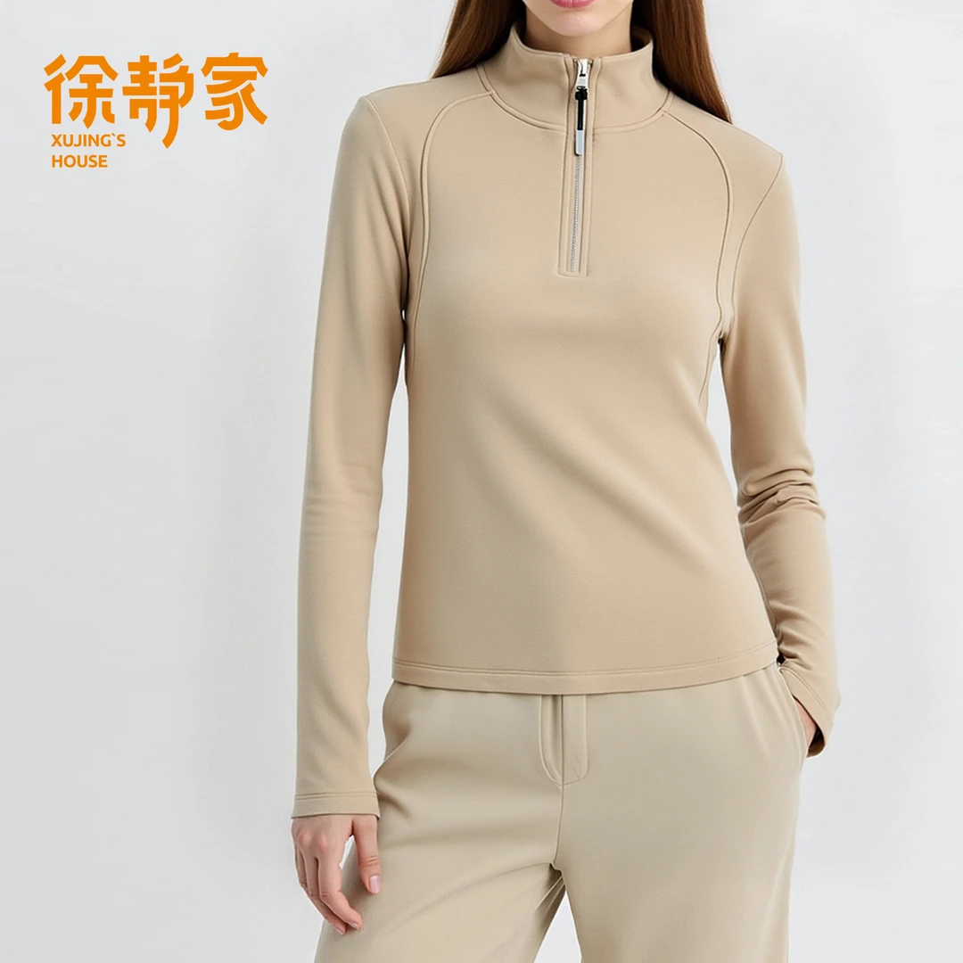 秋冬半高领卫衣女拉链长袖内搭打底显瘦套头保暖绒衫衣13-6214