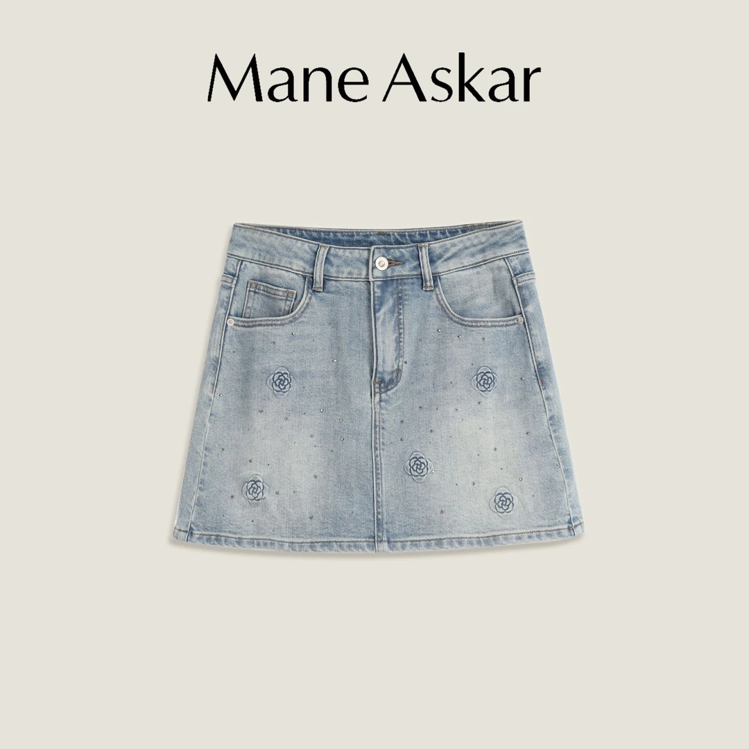 设计感印花点钻a字显瘦复古休闲时尚女款百搭牛仔半身裙0023