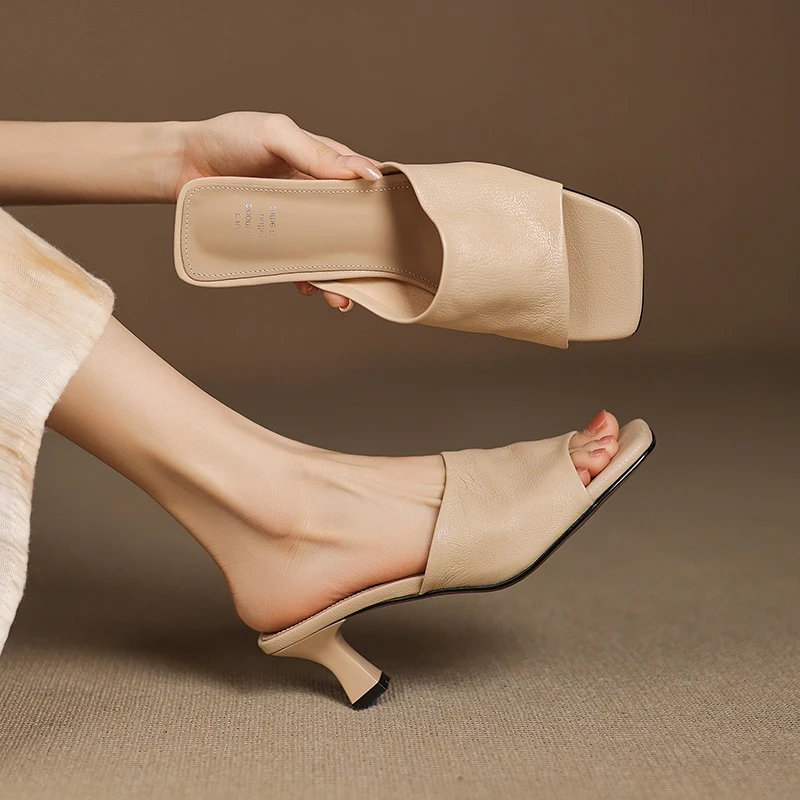 极简温柔~超柔软~2025夏季方头露趾外穿凉拖鞋真皮气质细跟女拖鞋