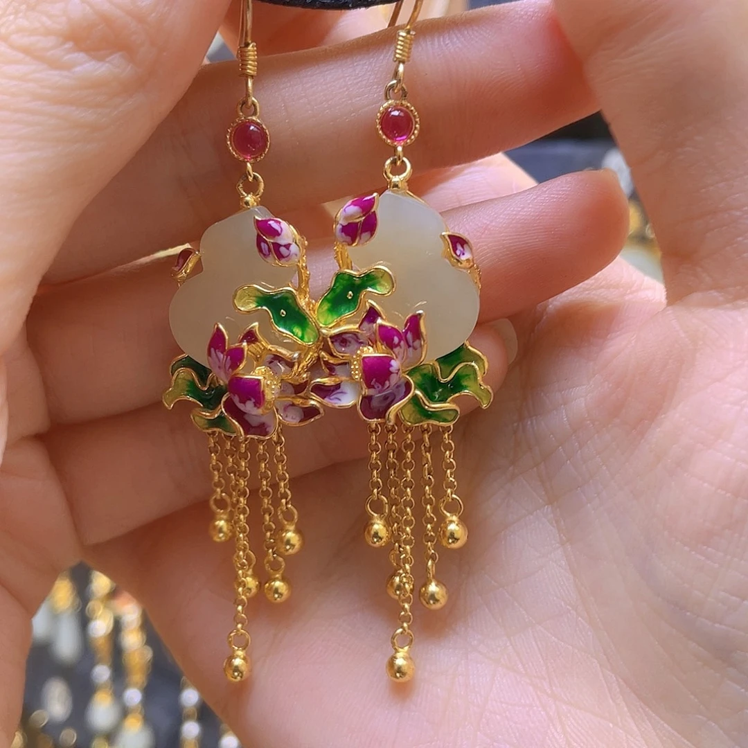 和田玉银S925镀金镶嵌耳饰