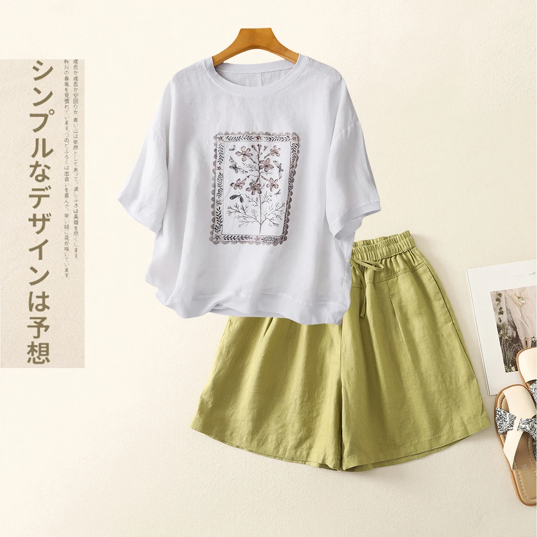 复古亚麻短袖小个子两件套大码夏装50岁女士妈妈亚麻短裤洋气套装