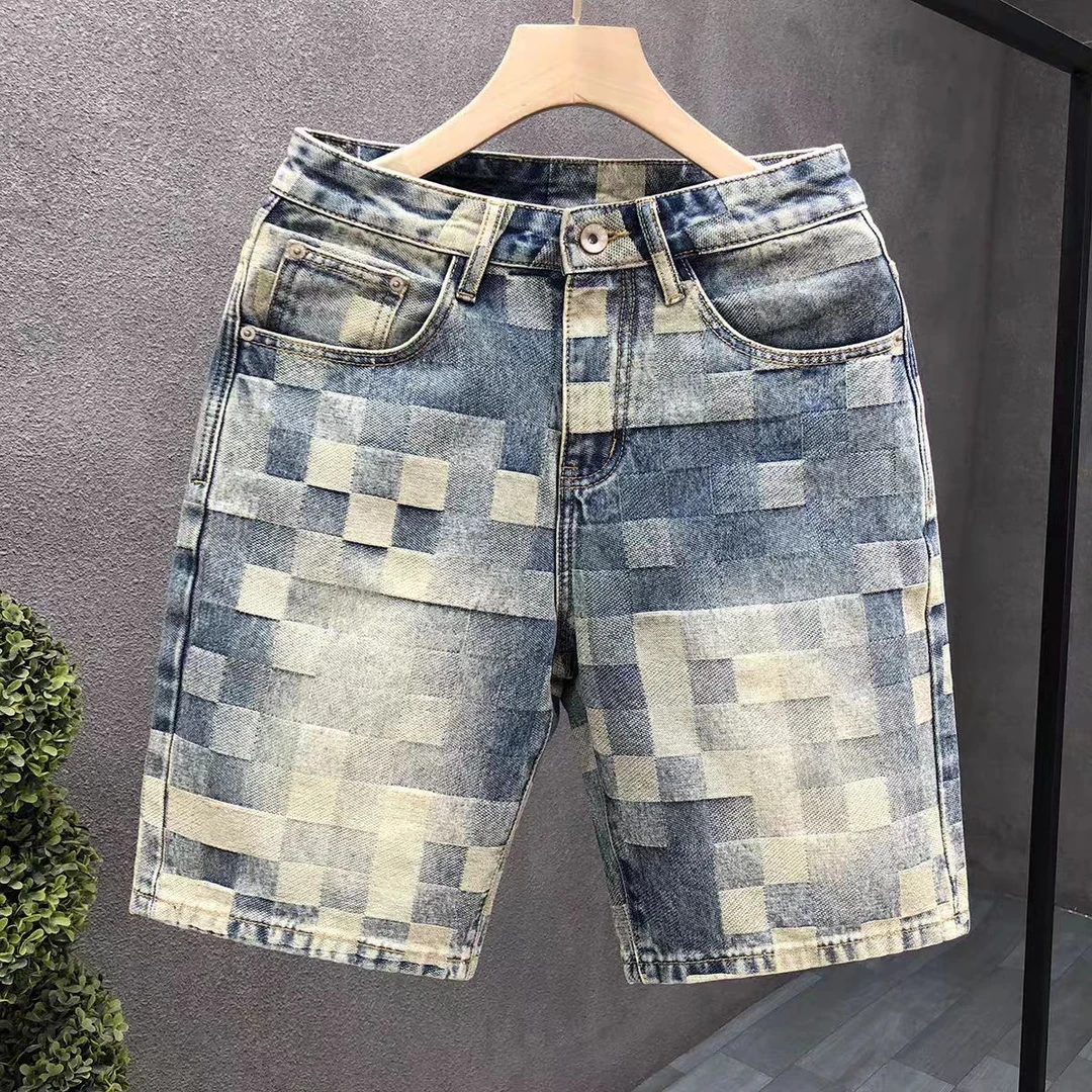 像素格子牛仔短裤休闲男潮牌宽松大码五分裤夏季薄款做旧感中裤男