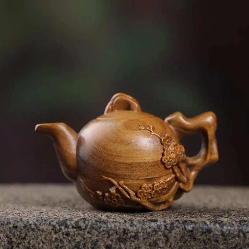 天然绿檀梅花茶壶实木雕刻家居装饰工艺品手把件文玩小摆件收藏品