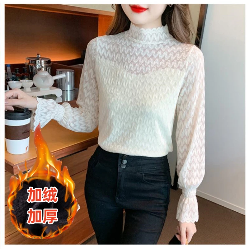 2024秋冬新款加绒加厚立领蕾丝打底衫立领百搭打底衫修身上衣女