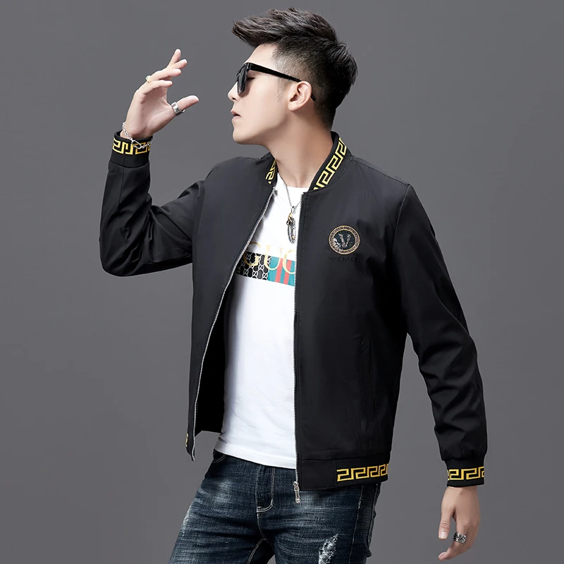 潮流轻奢时尚美人头刺绣夹克男春秋外套休闲百搭白色上衣修身男装