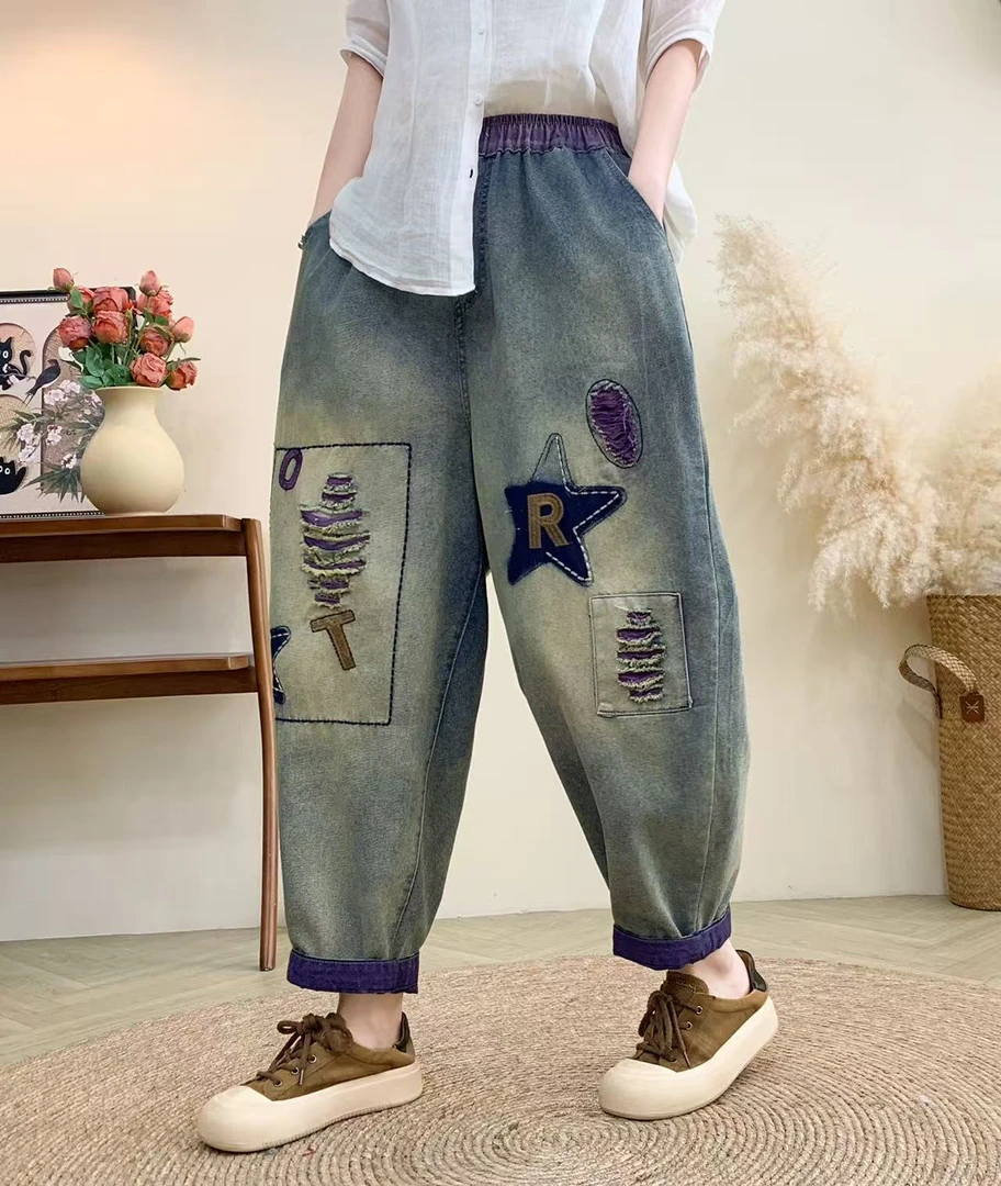【春夏A系列八分裤】潮流破洞文艺刺绣女牛仔裤显瘦哈伦宽松百搭