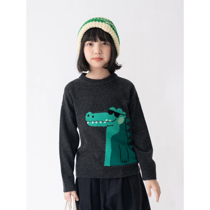 ‘鳄鱼’【100%羊毛】女童圆领鳄鱼卡通纯羊毛衫儿童毛衣厚款