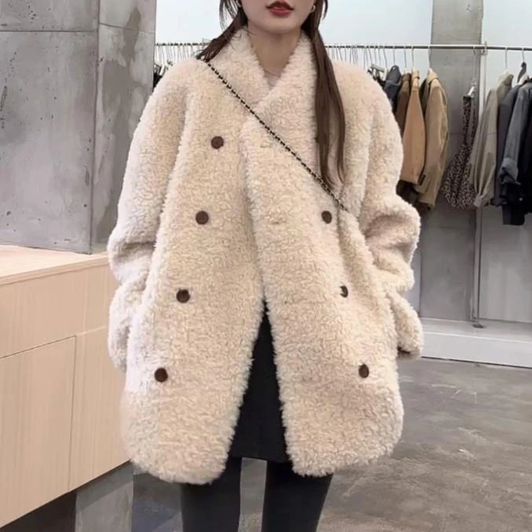 2025秋冬新款小众时尚极简风宽松遮肉显瘦双排扣休闲加厚保暖外套