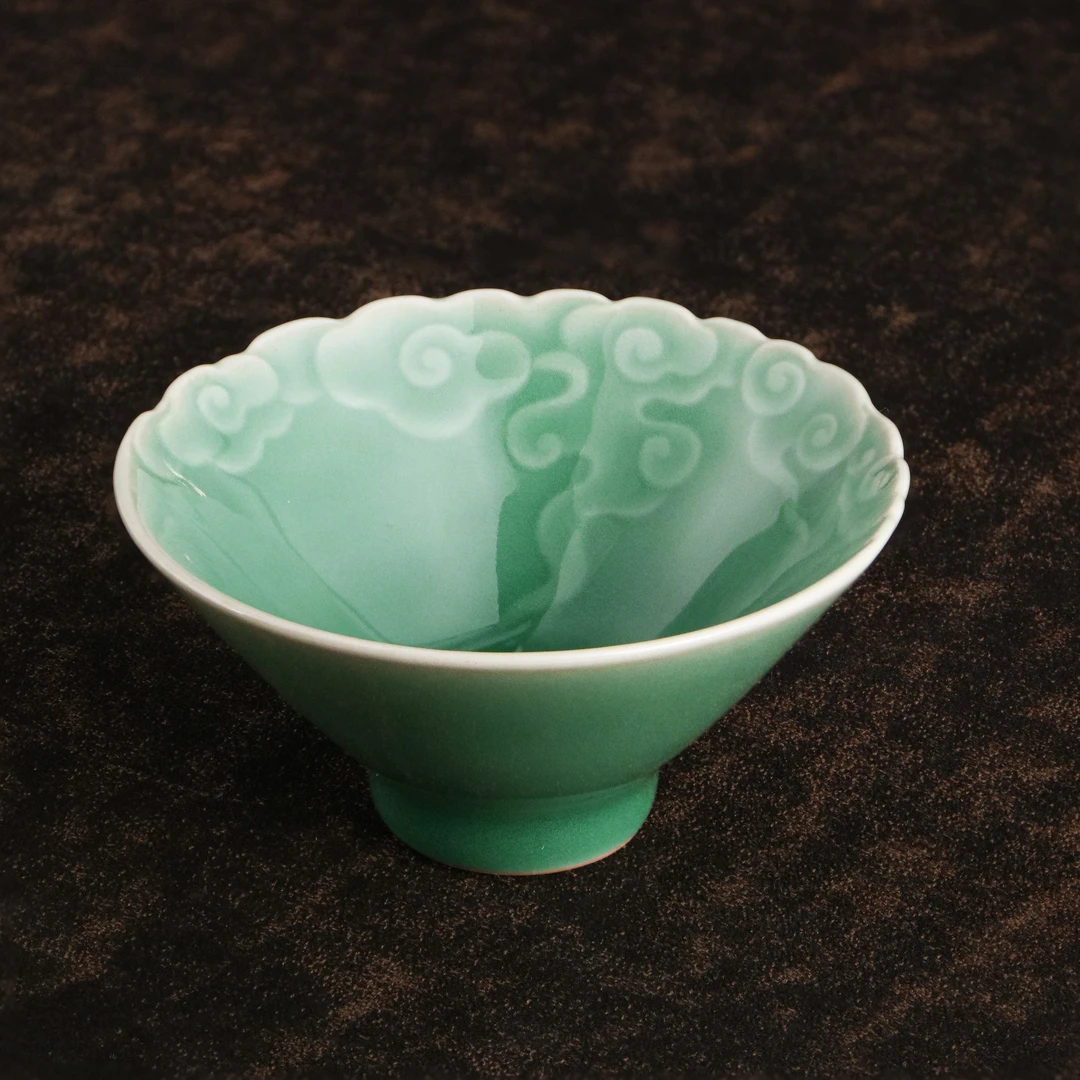 境秋青瓷花纹款磁吸陶瓷色釉手绘斗笠杯主人杯小杯茶杯爆裂纹家用