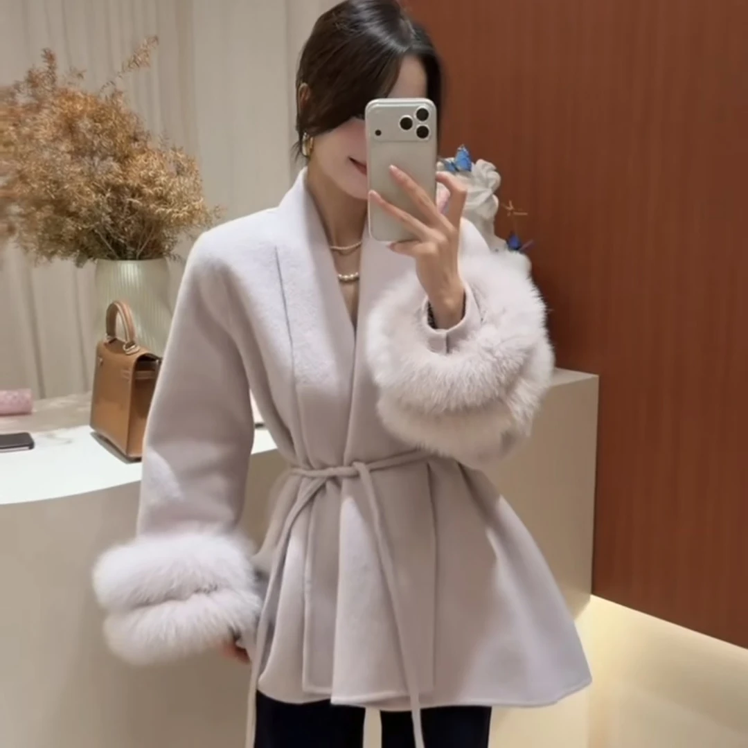 秋冬新款双面呢羊绒大衣女白色高级感外套