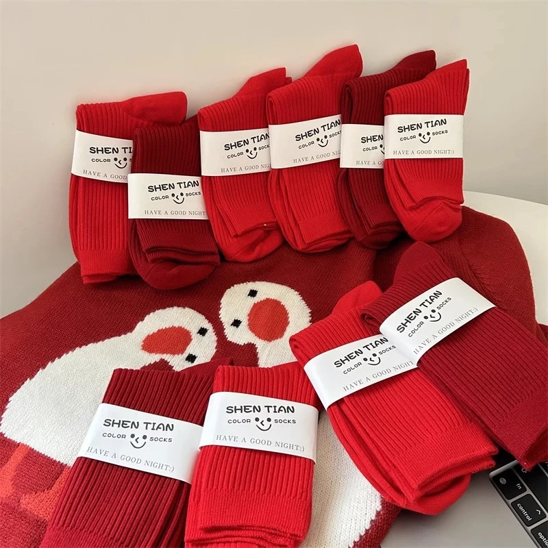 红色袜子新年袜好运女袜纯色大红袜子男红色中筒袜男女同款袜子