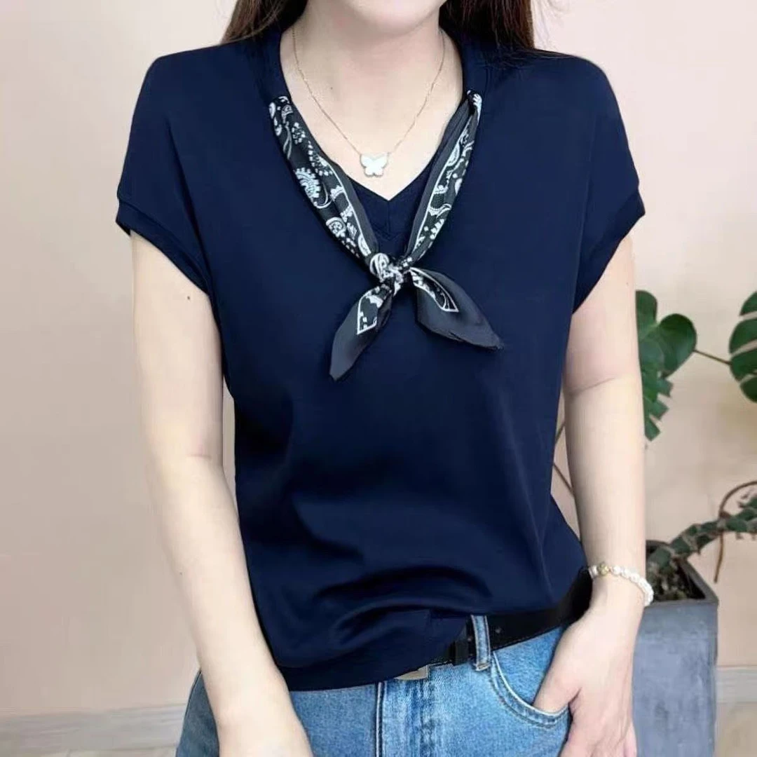 2025设计夏季新款短袖T恤纯色显瘦宽松上衣时尚打底百搭减龄