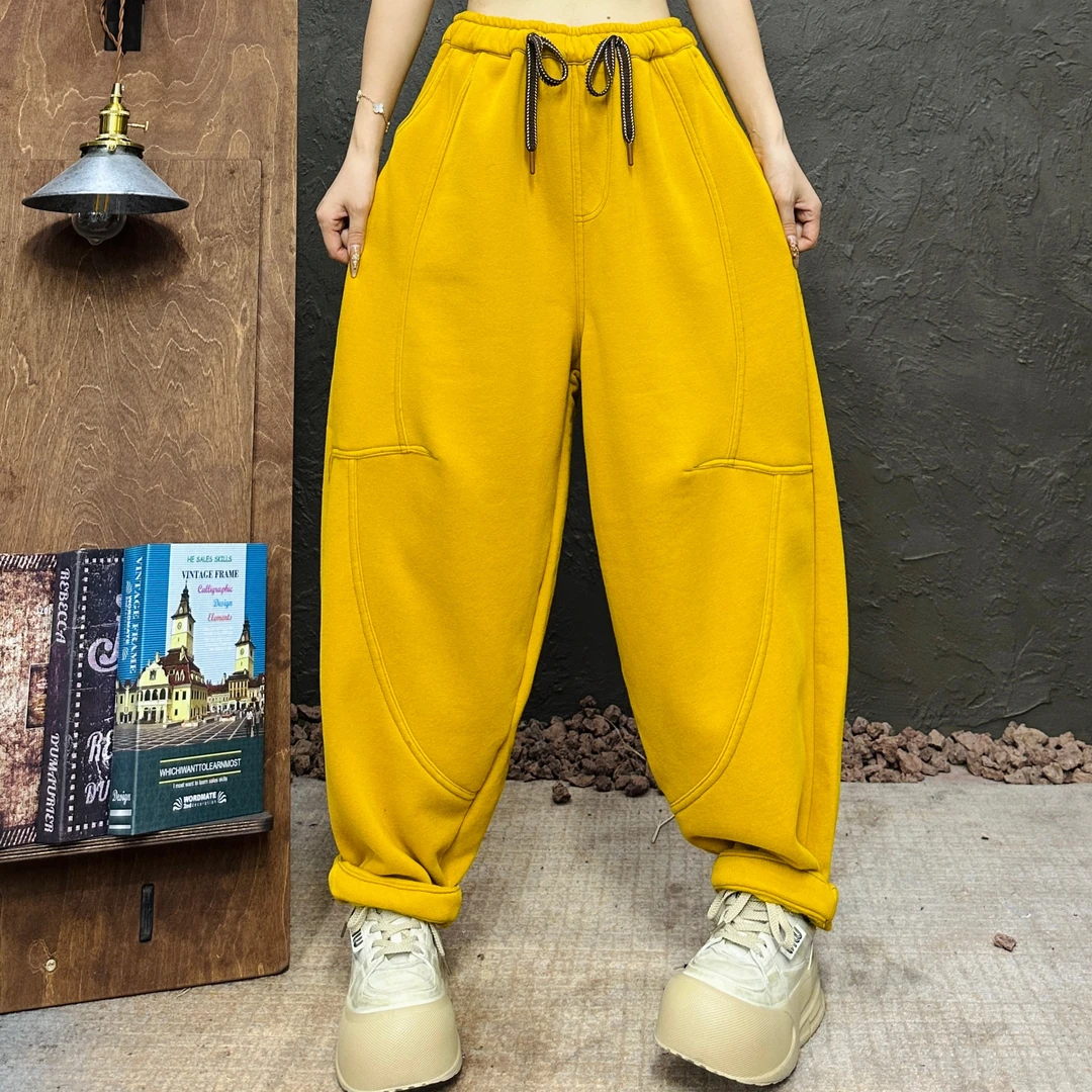 【亿火】加绒香蕉裤冬系带松紧高腰运动休闲阔腿镰刀长裤-58779