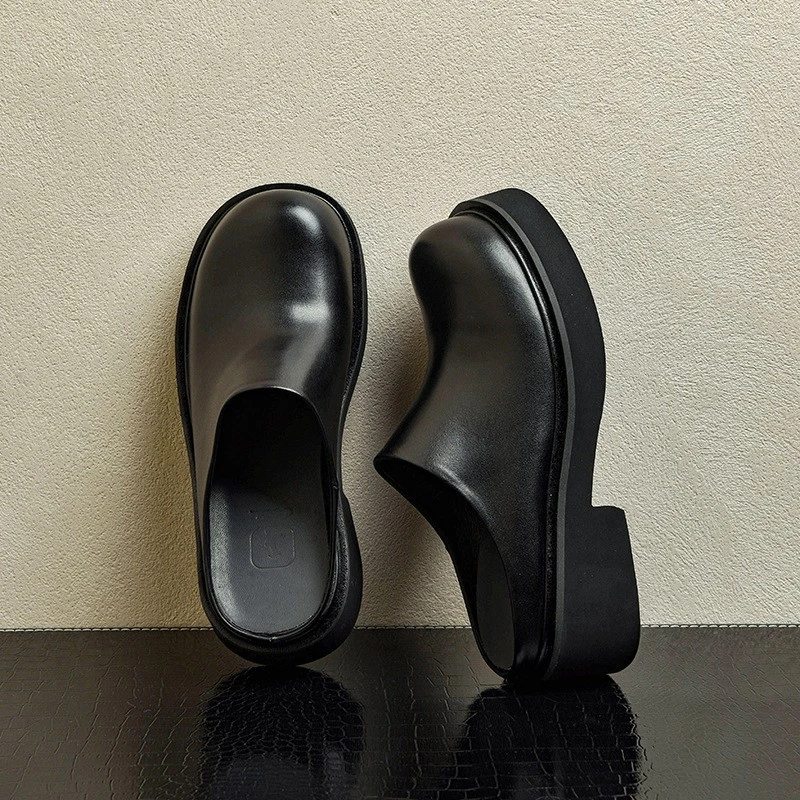 高端品质2025新款真皮厚底包头拖鞋高级感男士德比增高半拖鞋