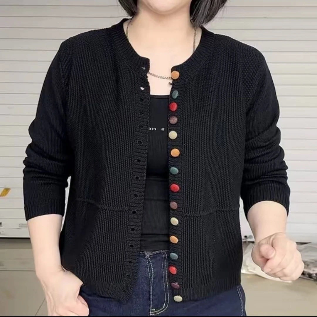 2025秋冬时尚彩扣针织开衫女宽松显瘦百搭毛衣外套松弛感圆领上衣