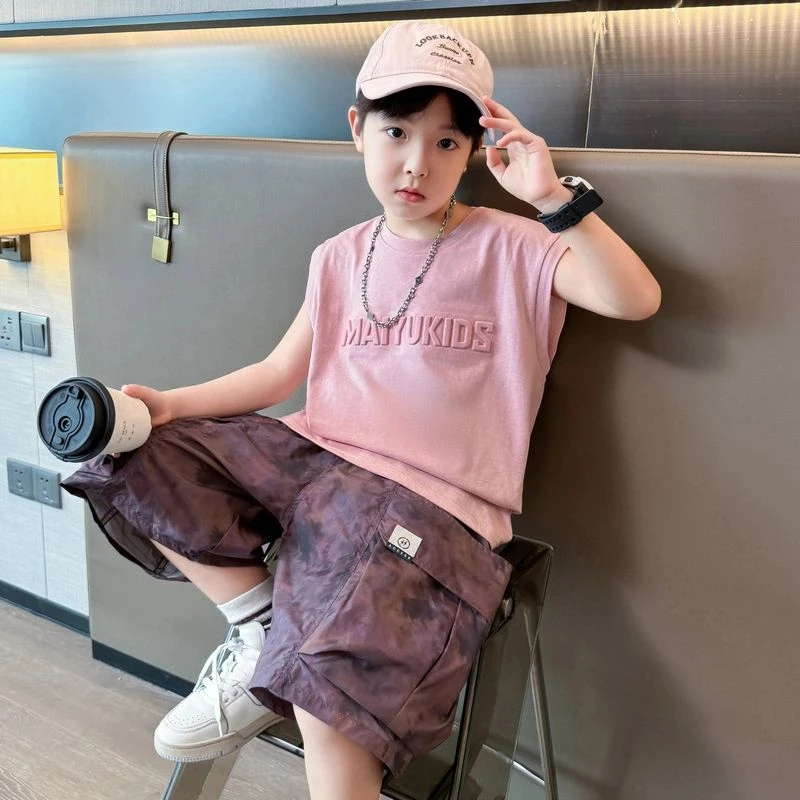 男童无袖套装夏季薄款新款中大童帅气儿童运动夏款背心坎肩两件套