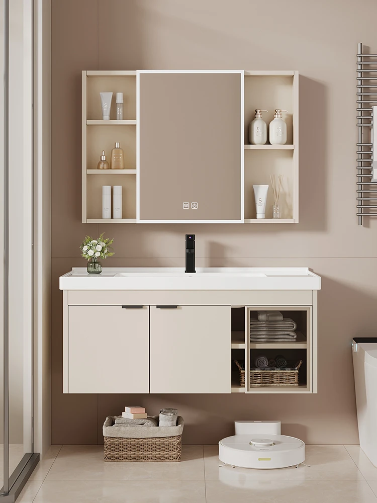 卡其玻璃浴室柜洗漱台智能镜柜组合太空铝悬挂式一体陶瓷洗手盆
