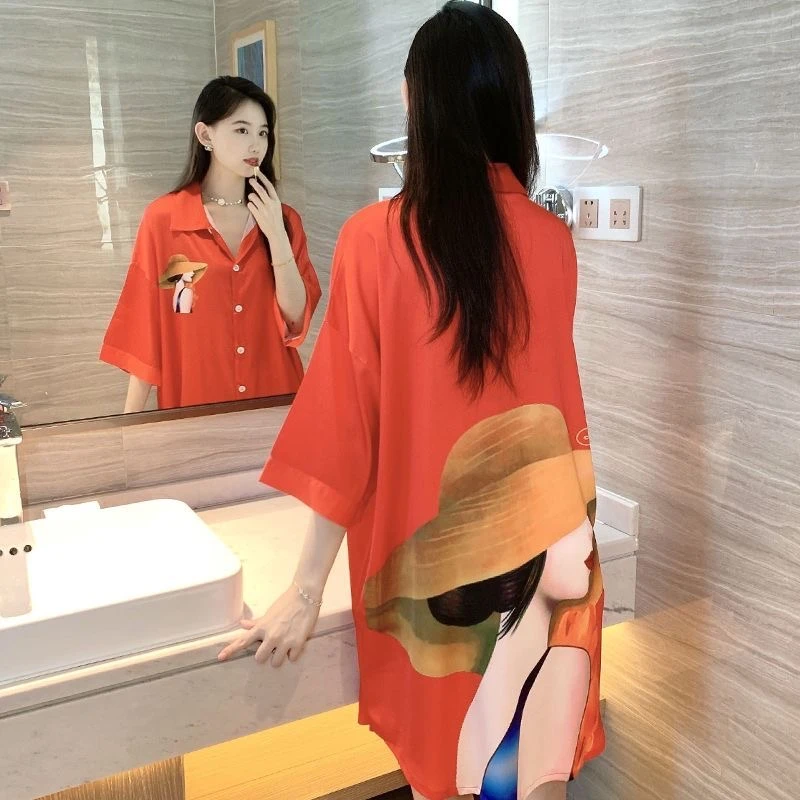 睡衣女夏季冰丝短袖大码高质量衬衫裙高颜值可外穿网红爆款家居服