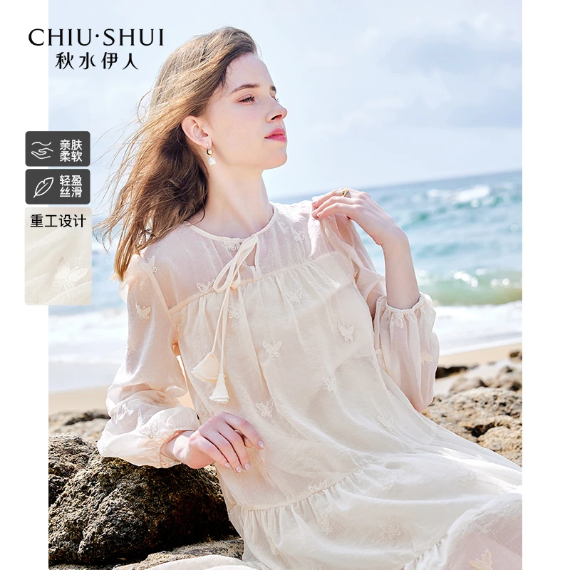 秋水伊人甜美少女感娃娃裙2025春季新款女设计感系带领长袖连衣裙