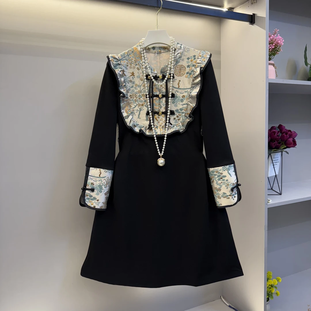 欧货2025新中式大码女装胖妹妹拼接木耳边减龄显瘦连衣裙(裙长95)