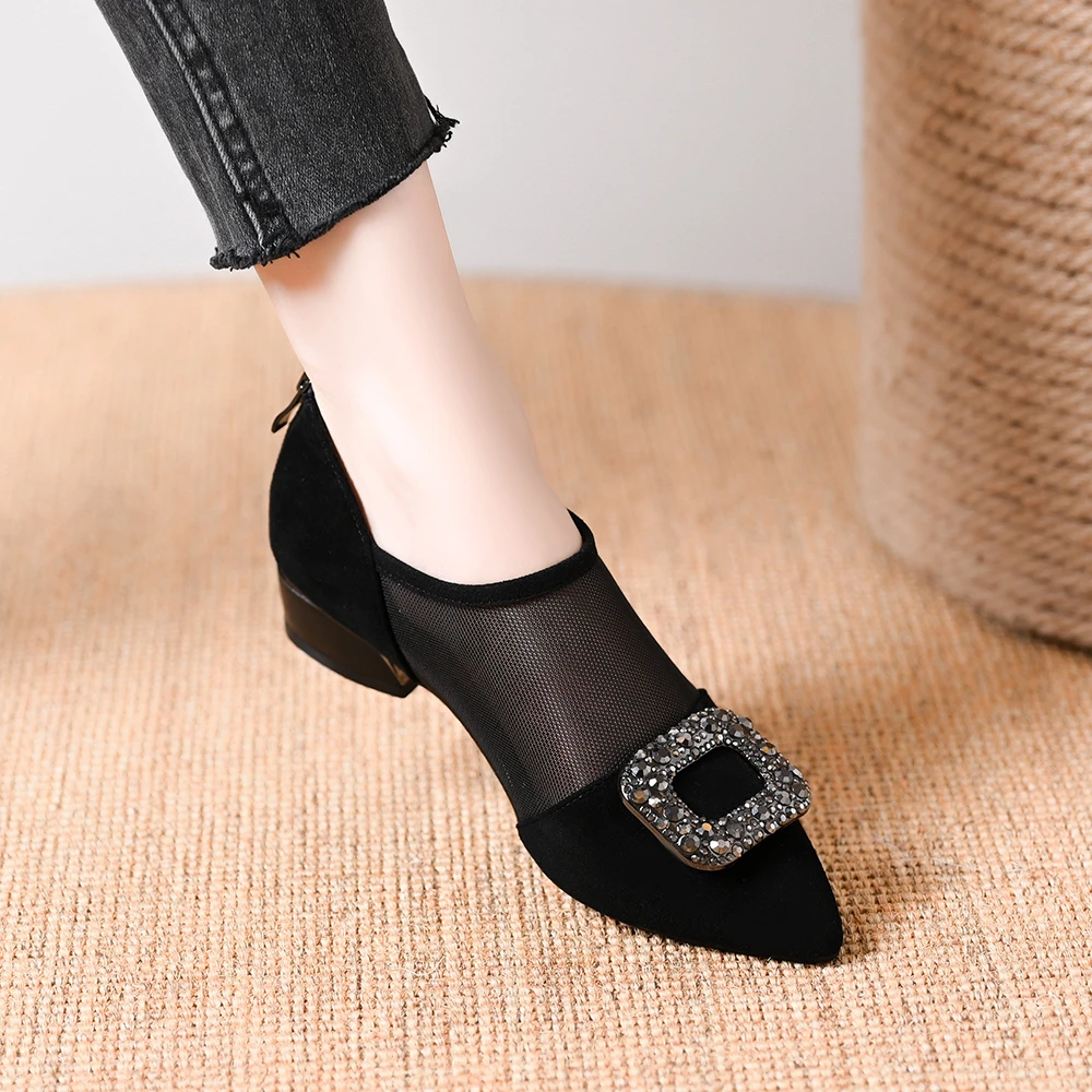 气质百搭浅口水钻扣网纱鞋女2025春夏新款低跟鞋方跟尖头镂空单鞋