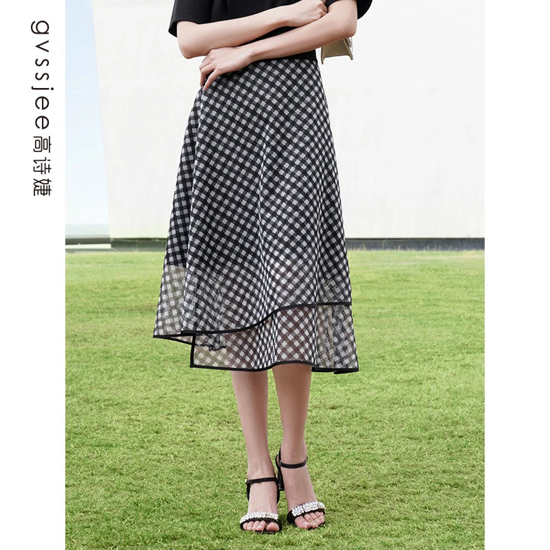 高诗婕夏季新款商场同款格子高腰通勤百搭半身裙242672157-65