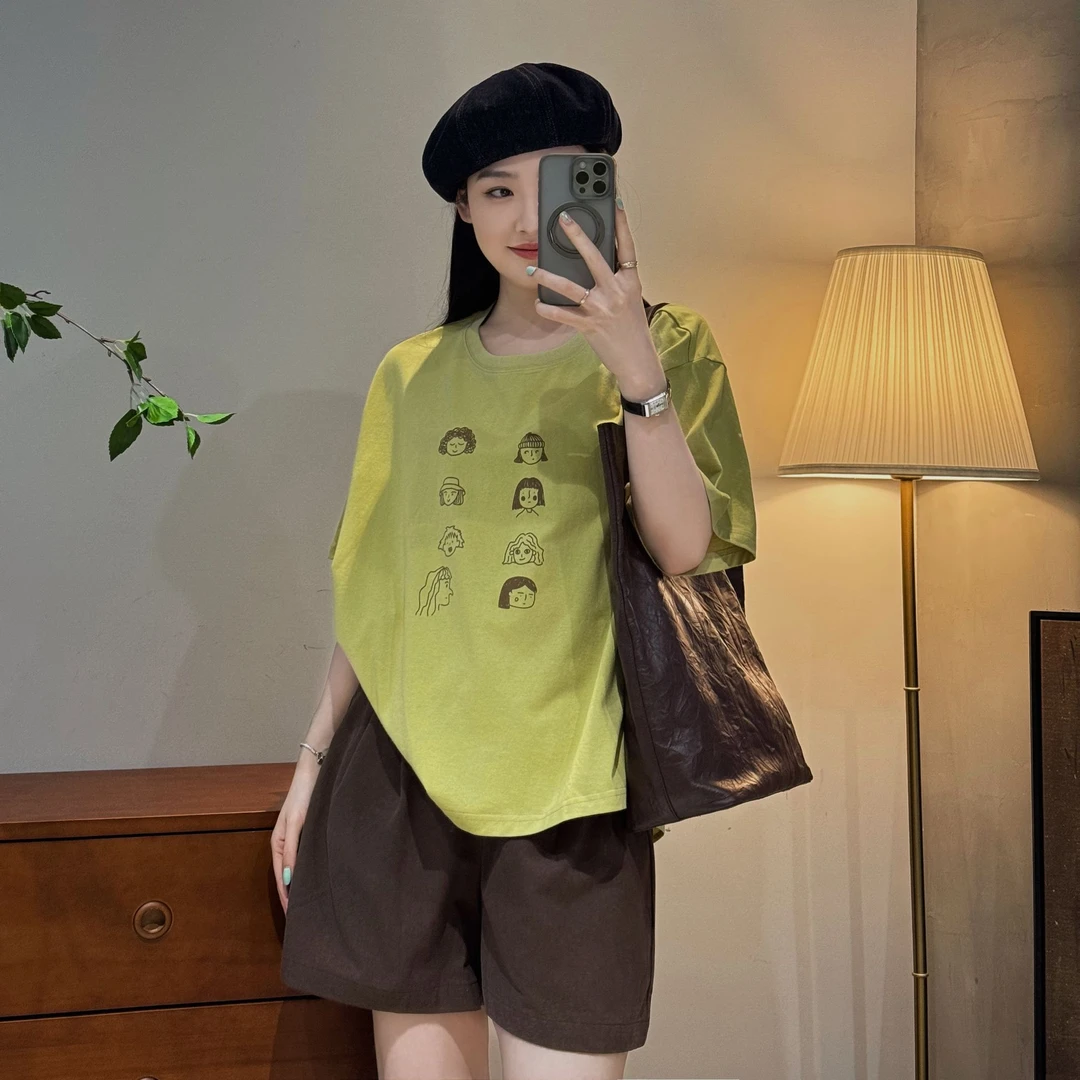 韩系时尚百搭休闲可爱动漫小人物印花圆领短袖T恤-J25218309