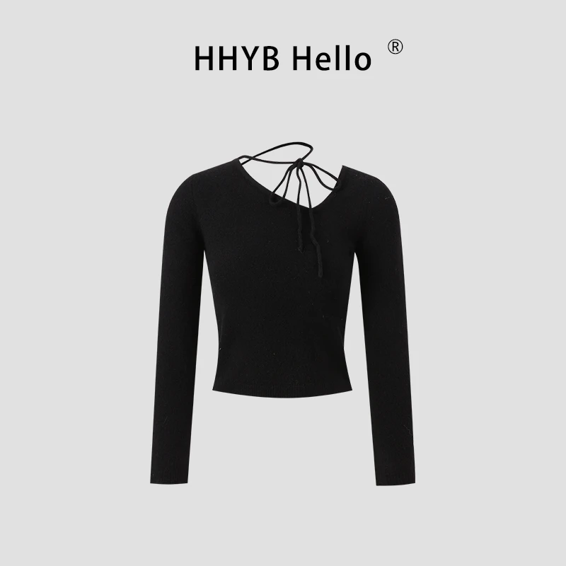 HHYB Hello氛围感针织衫女2025新款内搭毛衣斜领系带上衣M1337