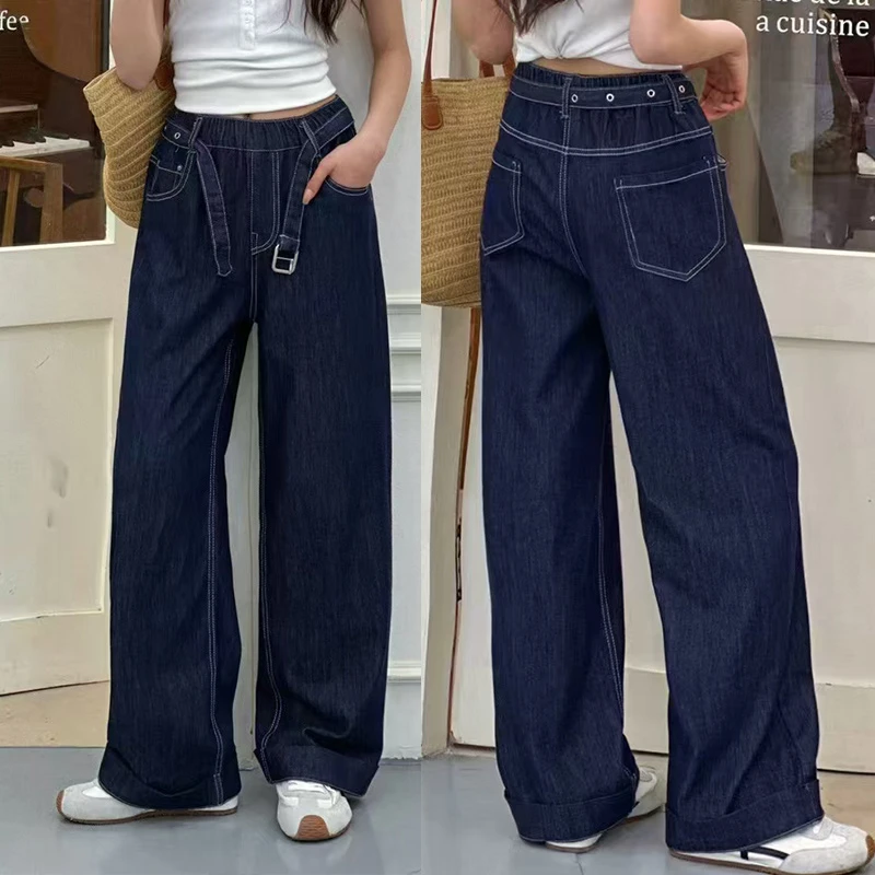 女大童设计感深蓝色阔腿牛仔裤2025春季新款青少年显瘦垂感拖地裤