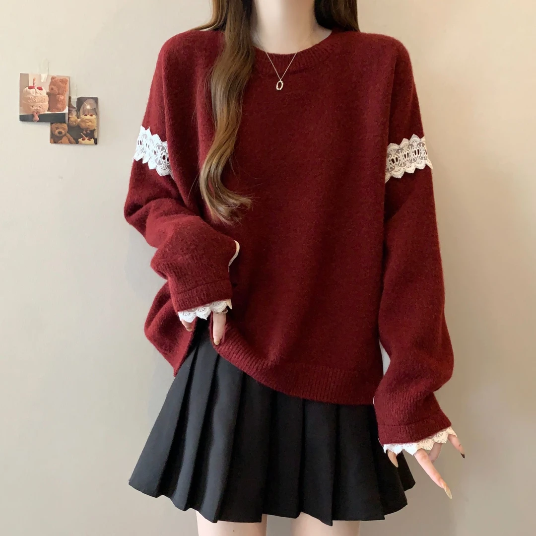 大码慵懒风蕾丝拼接红色毛衣女秋冬胖MM宽松显瘦洋气长袖针织上衣