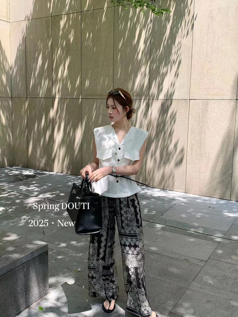 夏季新款无袖衬衫花色阔腿裤时尚套装