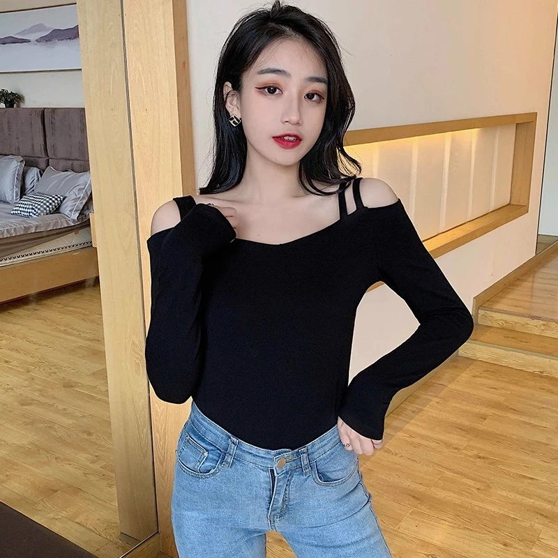 一字领肩T恤打底衫女2023新款秋季露肩性感修身显瘦长袖紧身上衣