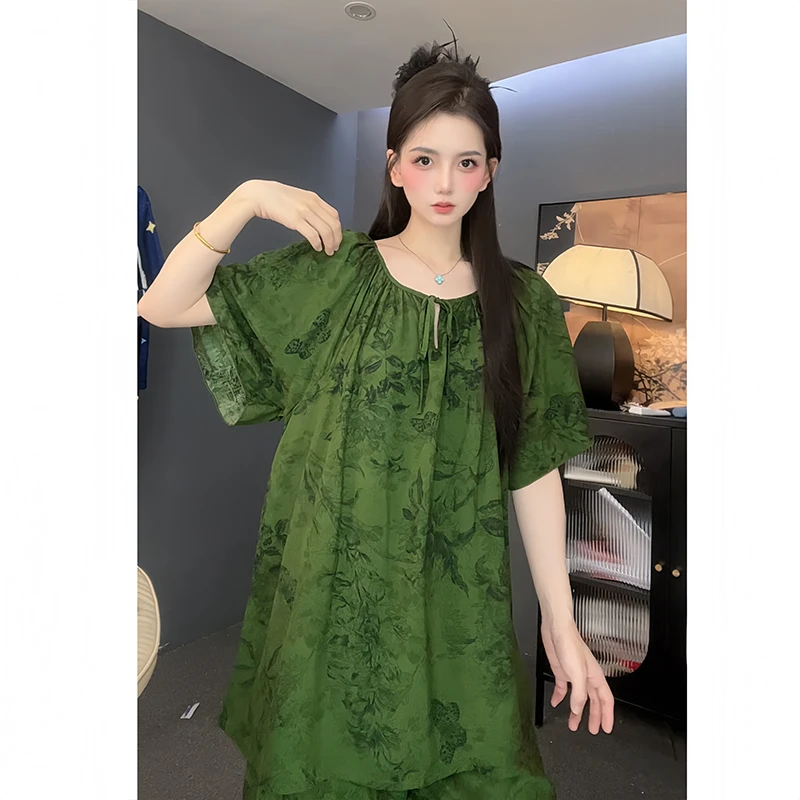 【春间茶（短袖套装）】新款睡衣女夏国风款棉绸家居服套装