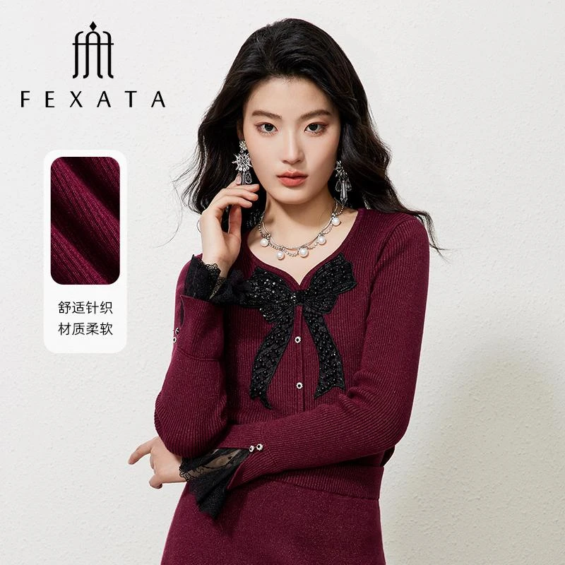 【毛毛专属】FEXATA斐格思蝴蝶结复古红针织衫上衣