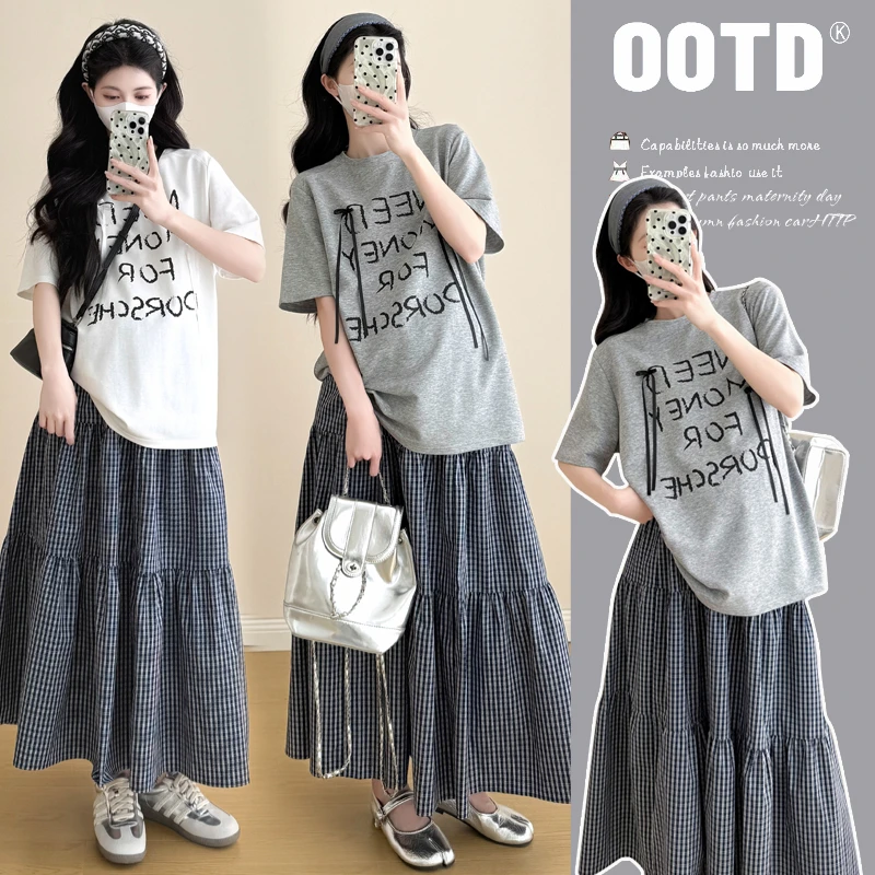 实拍现货2025夏季新款韩版宽松中长款T恤+格子孕妇半身裙两件套