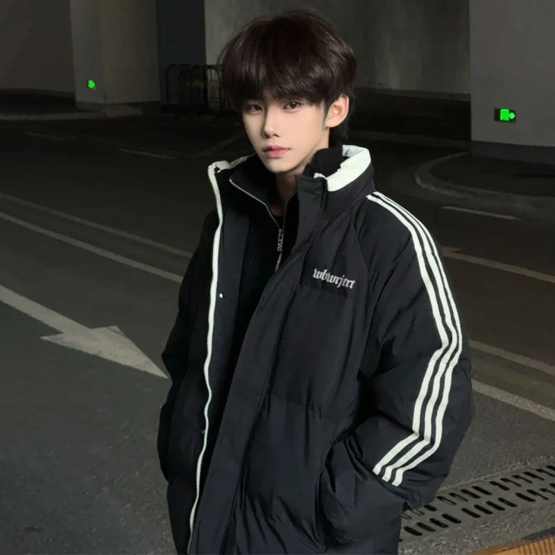 jtrt美式潮流高街三条杠立领棉服男女冬季保暖宽松情侣装棉衣外套