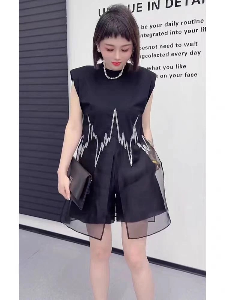 【晨浠定制】新款高级感刺绣拼接背心T恤8163