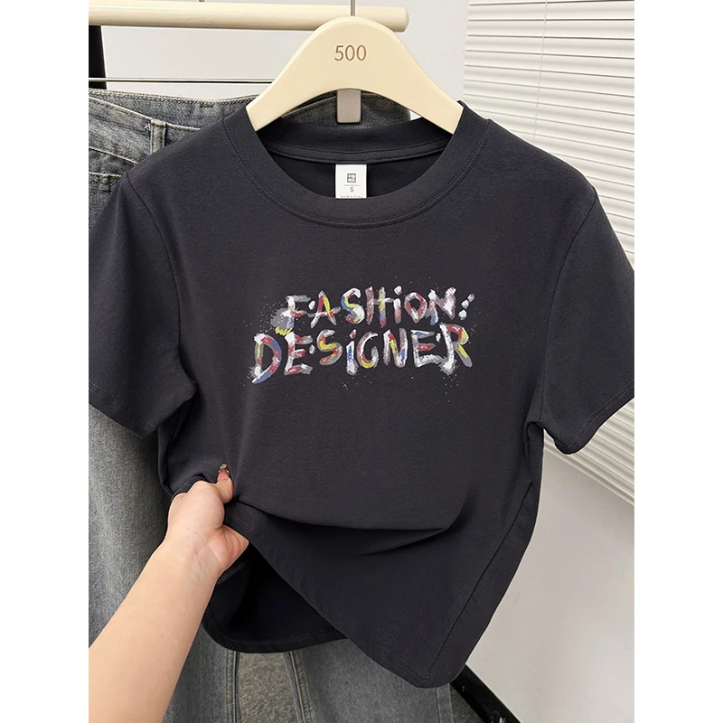 正肩短袖T恤大码女装夏季胖mm遮肉时尚设计感字母印花半袖上衣潮