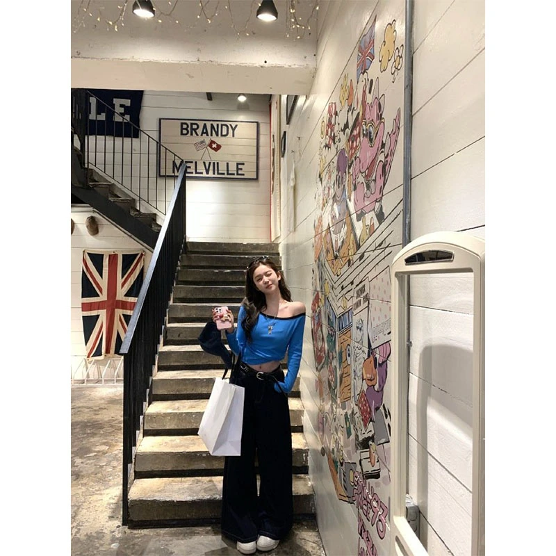 简约时尚气质网红炸街设计感撞色高级蓝色长袖上衣高腰直筒阔腿裤