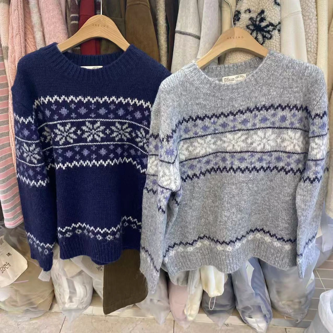 【A2在韩国】东大门女士圆领雪花针织毛衣衫《NO退NO换》