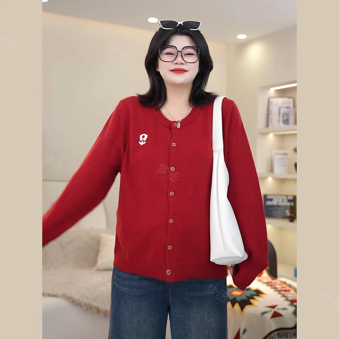 梦丞【秋花漫漫】胖mm秋季大码女装刺绣显瘦遮肉少女风毛衣开衫女