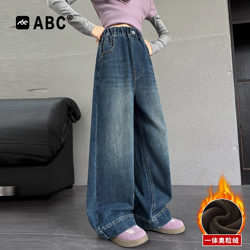 ABC女童加绒绣花牛仔裤2025新款女孩春秋洋气韩版一体绒阔腿裤潮