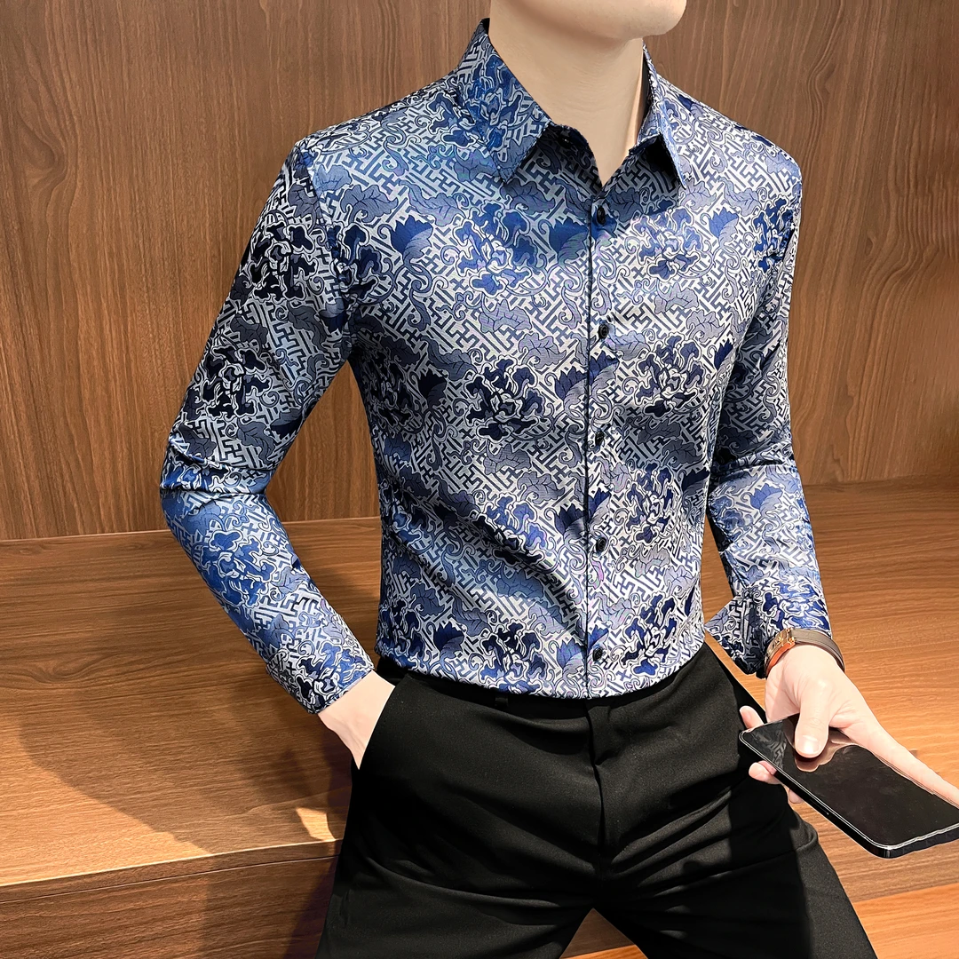 痞帅印花衬衫男款长袖秋季2025新款网红高级感休闲白色男士花衬衣