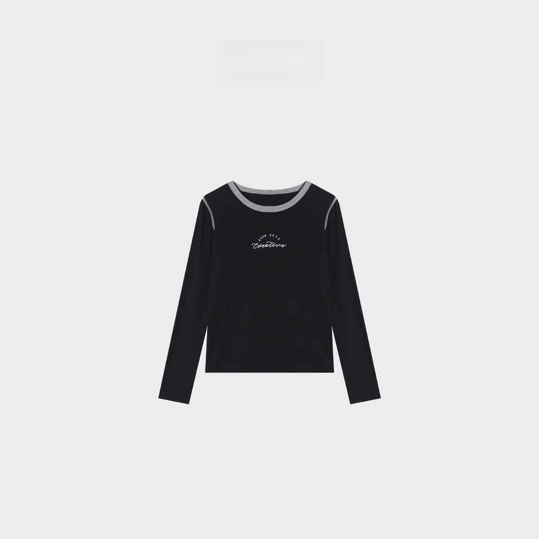 正肩拼色设计显瘦休闲百搭打底上衣M- 30728