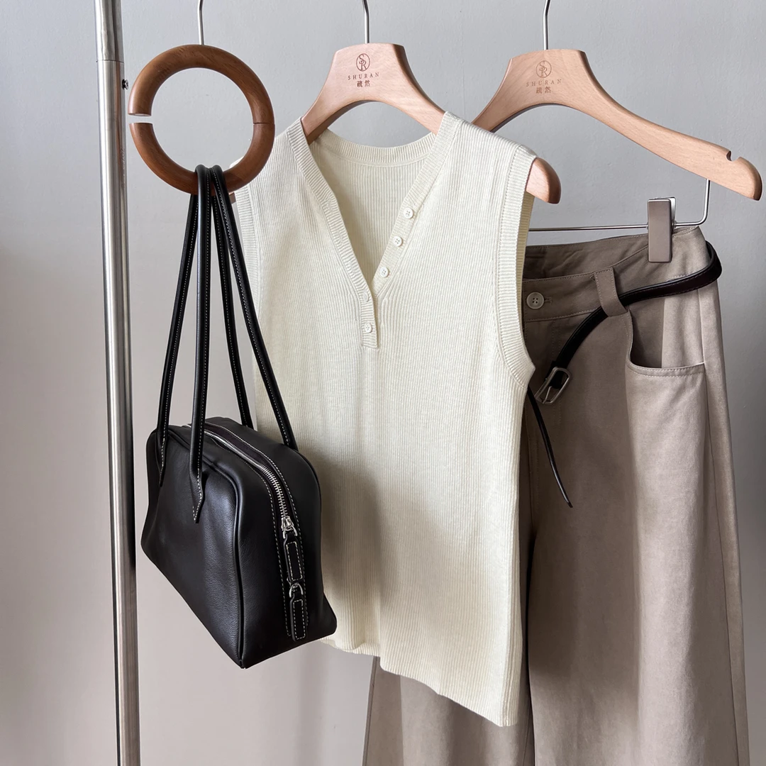 夏季新款简约高级超百搭薄款纯色针织V领修身背心