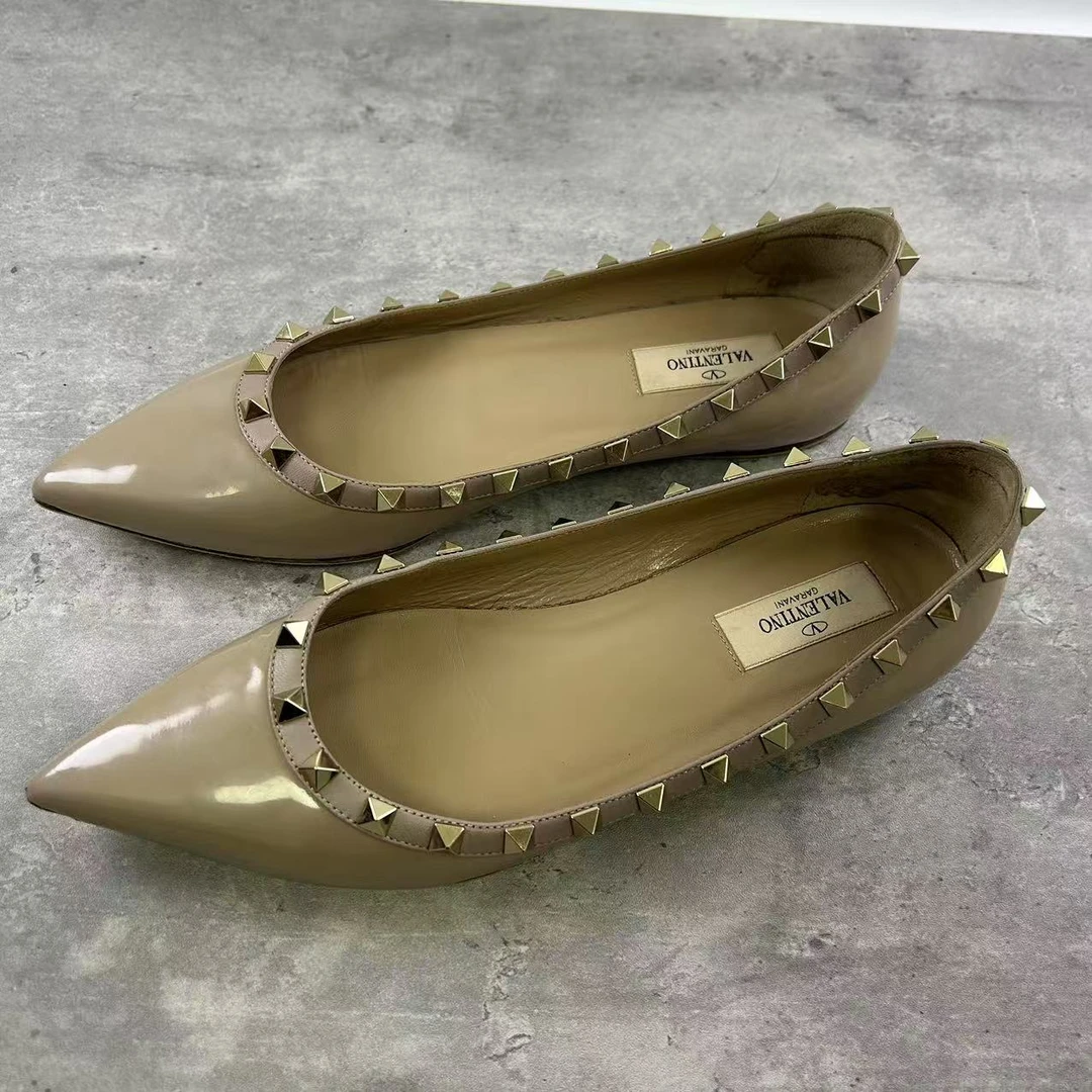 95新 Valentino/华伦天奴 38.5码/仔仔女鞋/卡其色平底单鞋wsp407