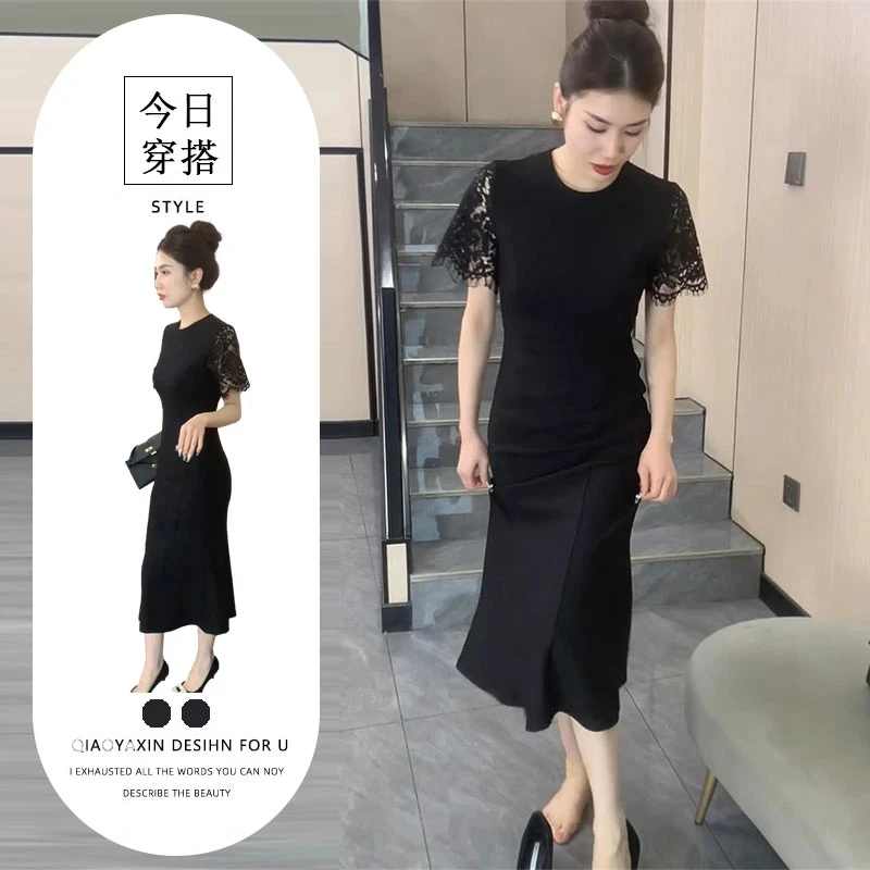 精致感优雅时髦连衣裙女2025夏季新款时髦蕾丝袖鱼尾裙显气质长裙