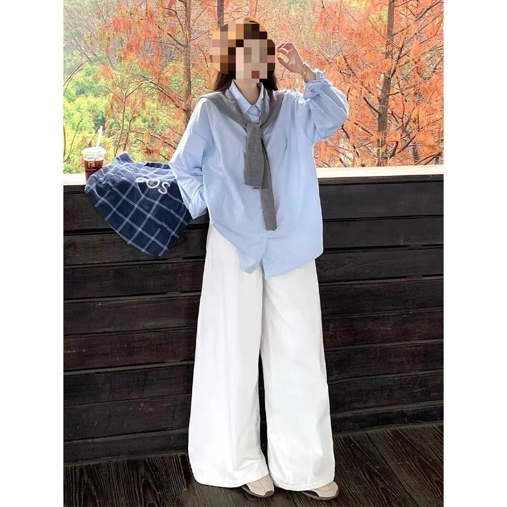 蓝色防晒衬衫外套女春秋季设计感叠穿衬衣披肩白色牛仔裤三件套装